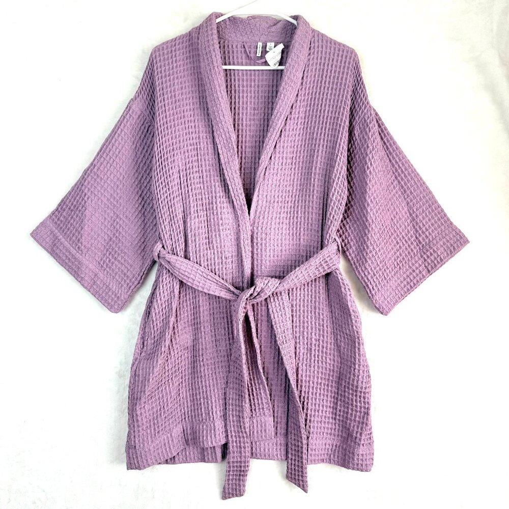NEW NORDSTROM Everyday Waffle Pockets Wrap Cotton Bath Robe Womens S Purple Mist